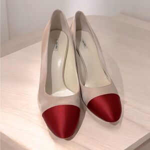 Miu Miu champagne satin heels with red